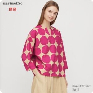 Marimekko x Uniqlo pink and tan circle print shirt